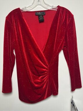 R&K NWT Evening Red Velvet Faux Sparkle Wrap-Style Vintage Y2K Women's Top Sz 8